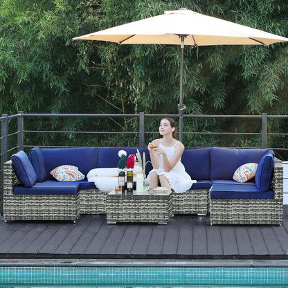 7-Piece Patio Furniture Set - Outdoor Sectional Sofa Set with Cushions and Glass-Top Coffee Table for Gardens, Poolside, Backyards and Porches, Grey/Navy Blue