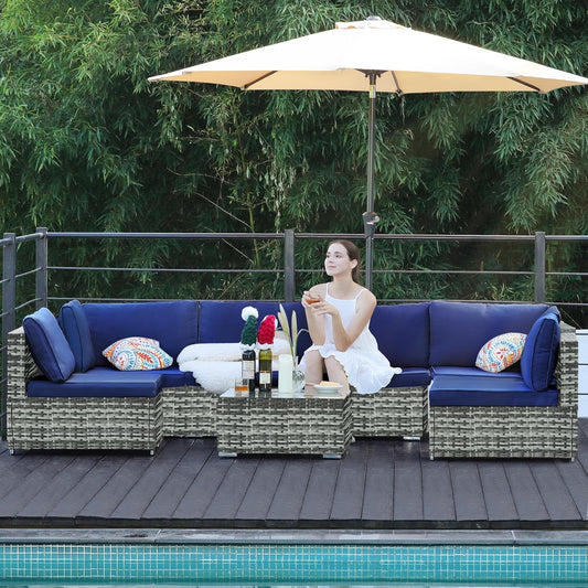 7-Piece Patio Furniture Set - Outdoor Sectional Sofa Set with Cushions and Glass-Top Coffee Table for Gardens, Poolside, Backyards and Porches, Grey/Navy Blue