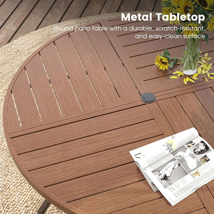 DIFY 53.1" Round Outdoor Patio Dining Table for 6-8, All-Weather Metal Steel Slatted Patio Table with 1.57" Adjustable Umbrella Hole, for Lawn Garden Porch Backyard, Walnut