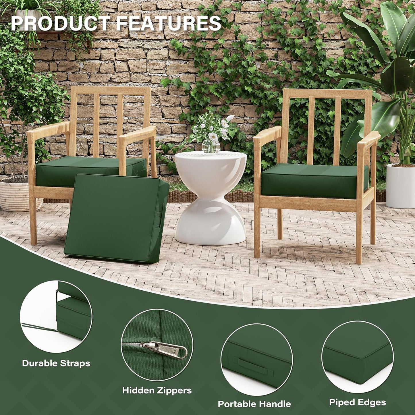 Patio Chair Cushions 18.5 X 16 X 4 Inch Waterproof Outdoor Seat Cushions for Patio Furniture, Outdoor Sofa Couch Pads with Ties & Handle, Set of 2, Green