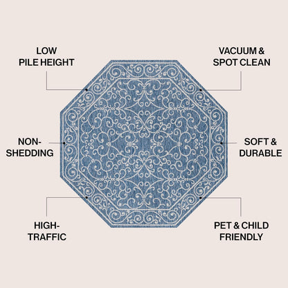JONATHAN Y SMB106D-8TGN Charleston Vintage Filigree Textured Weave Navy/Gray 8' Octagon Indoor/Outdoor Area Rug, Non-Shedding, Stain Resistant,Fade Resistant, Easy-Cleaning for Backyard Patio, Porch