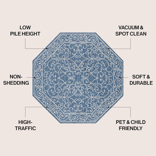 JONATHAN Y SMB106D-8TGN Charleston Vintage Filigree Textured Weave Navy/Gray 8' Octagon Indoor/Outdoor Area Rug, Non-Shedding, Stain Resistant,Fade Resistant, Easy-Cleaning for Backyard Patio, Porch