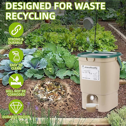 20L Bokashi Bucket with Air Sealing Lid, 5.28 Gallon Compost Bin, Kitchen Composter with Bran, Kitchen Compost Pail, ecocultivatify Bokashi Kit Set with Starter (Tan & Dark Green)