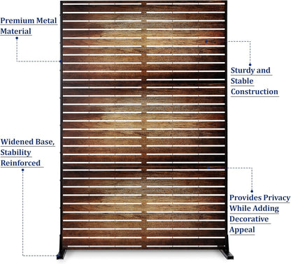 FENCY Outdoor Privacy Screen, 72" H×47" W Metal Patio Privacy Screen, Freestanding Decorative for Deck Balcony Patio Vintage Wood Color