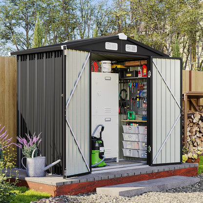 6x4 FT Outdoor Storage Shed with Base, Metal Garden Tool Shed with Sloping Roof & Lockable Door for Patio Lawn Backyard (Black with Base)