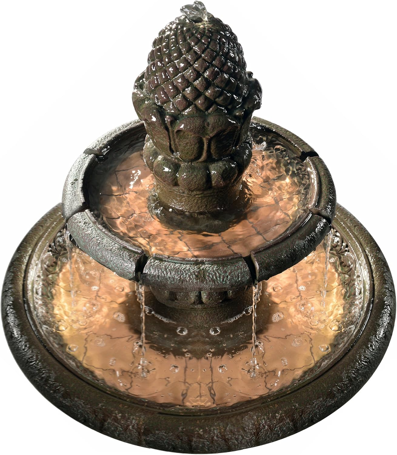 Teamson Home Deluxe Pineapple Pedestal 2 Tiered Floor Waterfall Fountain with Pump for Outdoor Patio Garden Backyard Decking, 39 Inch Height, Iron Gray