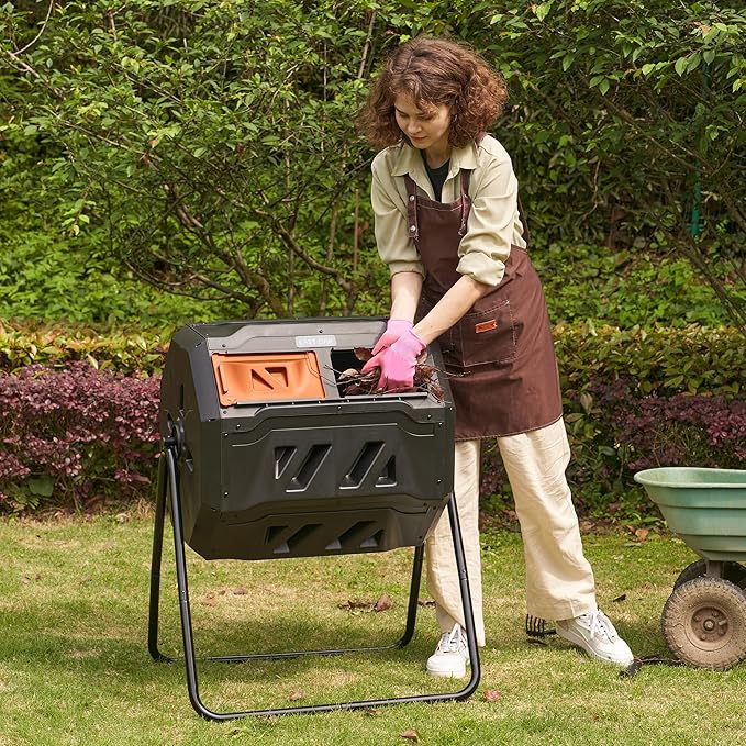 East Oak Compost Tumbler Outdoor, 43-Gallon Tumbling Compost Bin with 2 Sliding Orange Doors & Aeration System, Tumbling Rotating Composter Bin for Kitchen, Garden, Yard,