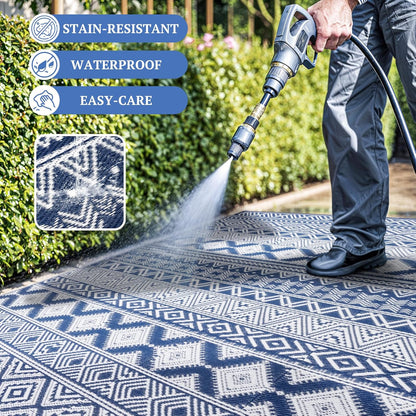 8'x10' Reversible Outdoor Rug - Eco-Friendly Plastic Straw Rug-Heavy-Duty Waterproof Mat, UV & Fade Resistant for Patio, Camping, RV, Deck, Balcony(8x10,Blue&White)