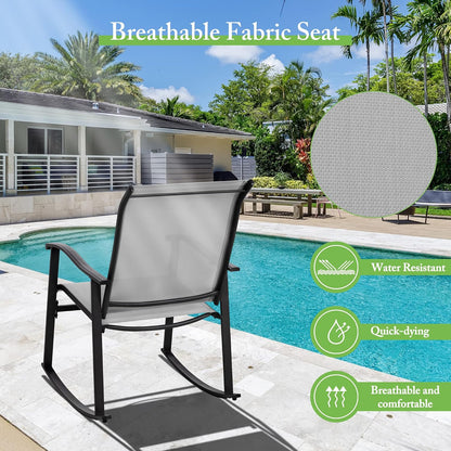 Shintenchi 3 Piece Rocking Bistro Set, Outdoor Furniture with Rocker Chairs and Glass Coffee Table Set of 3, Balcony, Porch Furniture for Small Space, Light Gray