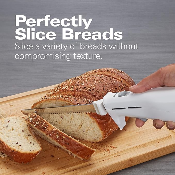 Hamilton Beach Electric Knife Set for Carving Meats, Poultry, Bread, Crafting Foam & More, Reciprocating Serrated Stainless Steel Blades, Ergonomic Design Storage Case + Fork Included, 5Ft Cord, White
