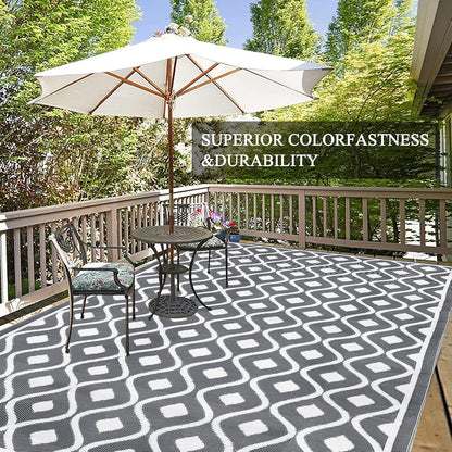 Pauwer Waterproof Outdoor Rug 8x10, Reversible Plastic Straw Patio Camping Rug, Indoor Outdoor RV Mat Carpet for Deck, Camper, Porch, Balcony, Backyard, Picnic, Geometric Grey