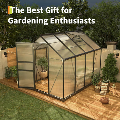 6*8 FT Outdoor Walk-in Greenhouse, Polycarbonate Green House, Heavy Duty Greenhouse with Vented Roof Window, Windproof Aluminum Frame, Suitable for Outside Gardening, Backyard, Patio