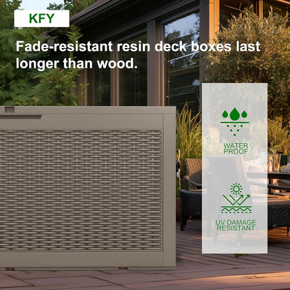 DRATO 260 Gallon Deck Box, Outdoor Large Waterproof Resin Storage Box with Lockable Lid for Patio Cushions, Gardening Tools, Sports Equipment, Light Brown