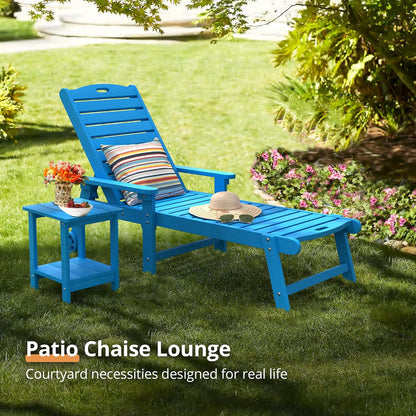 LUE BONA Outdoor Chaise Lounge, 79'' Oversized HDPS Chaise Lounger, 5 Positions Adjustable Lounge Chairs, Pool Lounge Chair with Wheels for Poolside, Backyard, 3 Year Warranty, Blue