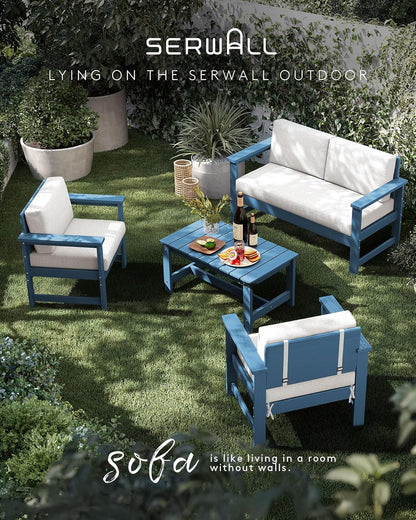 SERWALL 2 Pieces Single Cushioned Lounge Chair, Blue HDPE Outdoor Adirondack Sofa Armchair with Khaki Cushion