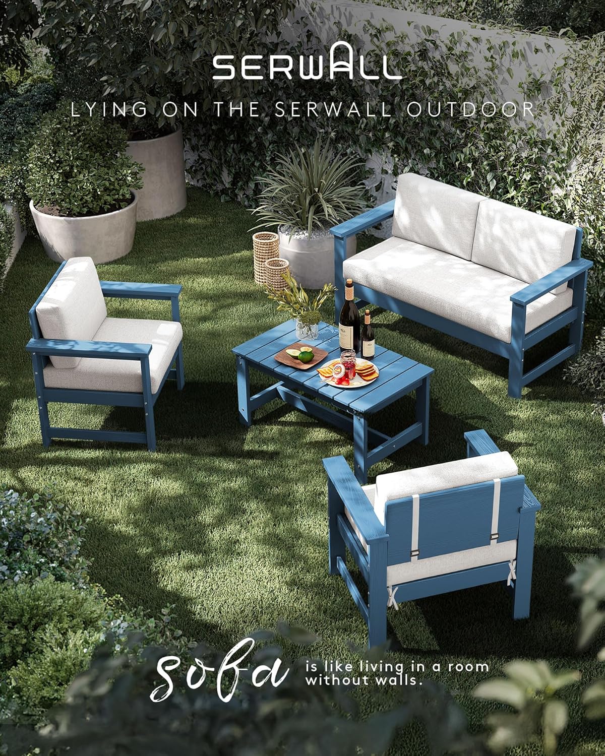 SERWALL 8 Pieces HDPE Outdoor Conversation Sofa Set with Cushions, All Weather Use Couch Loveseat Furniture with Side Table for Balcony, Deck, Poolside, BlueFrame with Khaki Cushions
