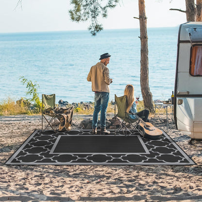 GENIMO 4 ' x 6 ' Outdoor Rug for Patio, Waterproof Indoor Outdoor Plastic Straw Rugs Carpet, Reversible Outside Area Mat for Camping, Balcony Porch, Deck, Picnic, Beach Black Grey