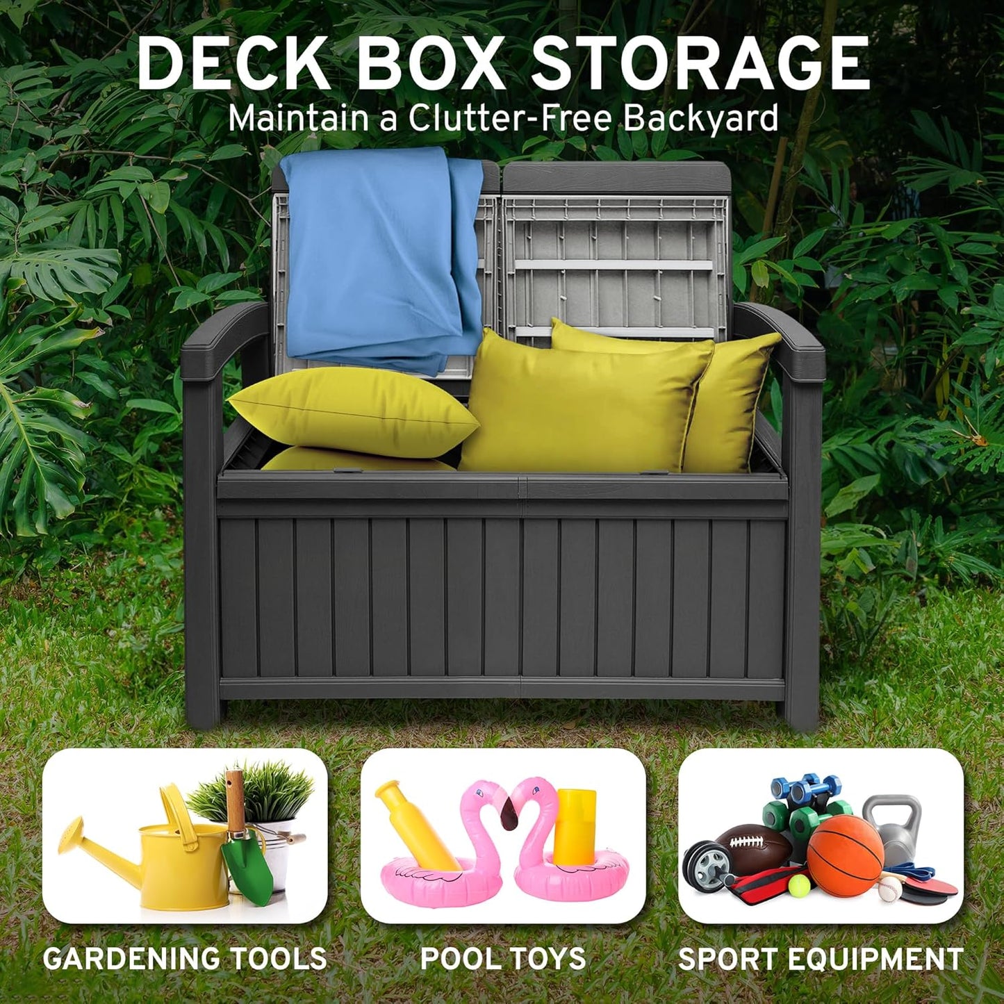 EconoHome 2 Seat Outdoor Storage Bench with Rain Cover - 60 Gallon Capacity - Weatherproof Resin Bench for Patio, Porch, Garden, Yard, Pool Area - Furniture for Pool Accessories, Gardening Tools