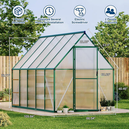 6'X9' Aluminum-Framed Polycarbonate Greenhouse, Heavy Duty Polycarbonate Greenhouse with Quick Setup Structure and Roof Vent, Large Enhanced Aluminum Greenhouses Kit for Outdoors