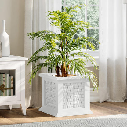 Pure Garden Rattan Style Outdoor Planter Box - 14.65-Inch-Square Decorative Flower or Plant Pot - Garden, Patio and Front Porch Decor (White)