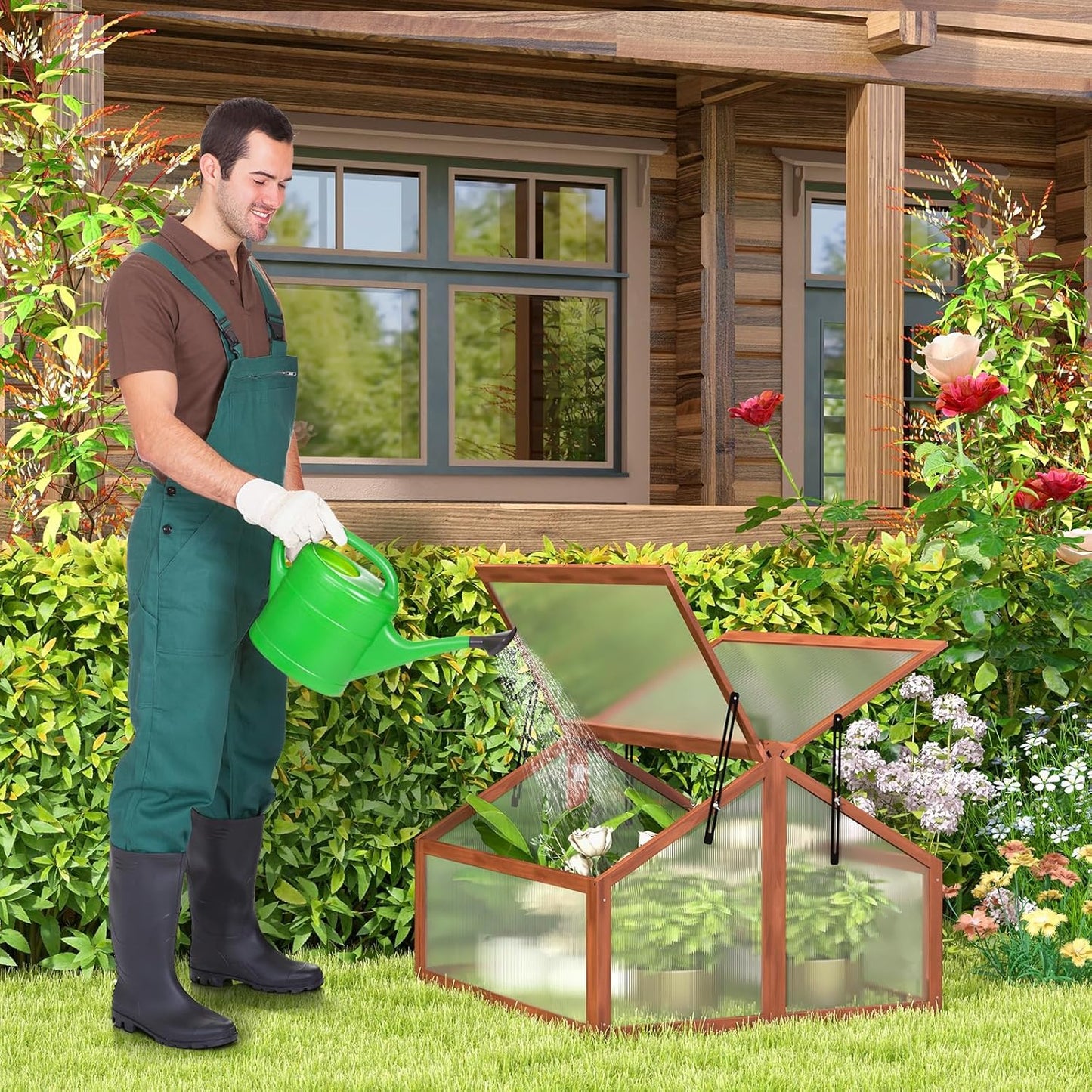 Giantex Garden Portable Wooden Cold Frame Greenhouse Raised Flower Planter Protection (35.4"X31.3"X23.0")