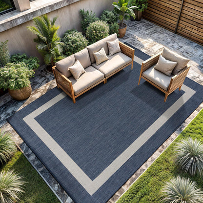 CAMILSON Outdoor Rug 8x10, Modern Outside Rugs for Patios Porches Waterproof Durable Washable Non-Shedding, Easy-to-Clean Indoor Outdoor Area Carpet (8 x 10, Bordered - Blue/White)