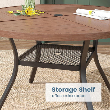 DIFY 47.2" Round Outdoor Patio Dining Table for 6, All-Weather Metal Steel Slatted Patio Table with 1.57" Adjustable Umbrella Hole, for Lawn Garden Porch Backyard, Walnut