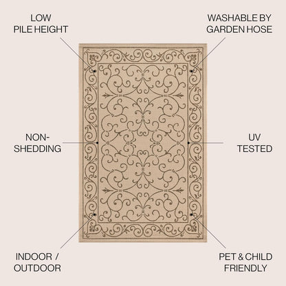 JONATHAN Y SMB106A-6R Charleston Vintage Filigree Textured Weave Beige/Brown 6' Round Indoor/Outdoor Area Rug, Pet Friendly, Non-Shedding, Stain Resistant, Easy-Cleaning for Backyard, Patio, Porch