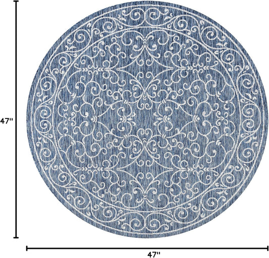 JONATHAN Y SMB106D-4R Charleston Vintage Filigree Textured Weave Navy/Gray 4' Round Indoor/Outdoor Area Rug, Pet Friendly, Non-Shedding, Stain Resistant, Easy-Cleaning for Backyard, Patio, Porch