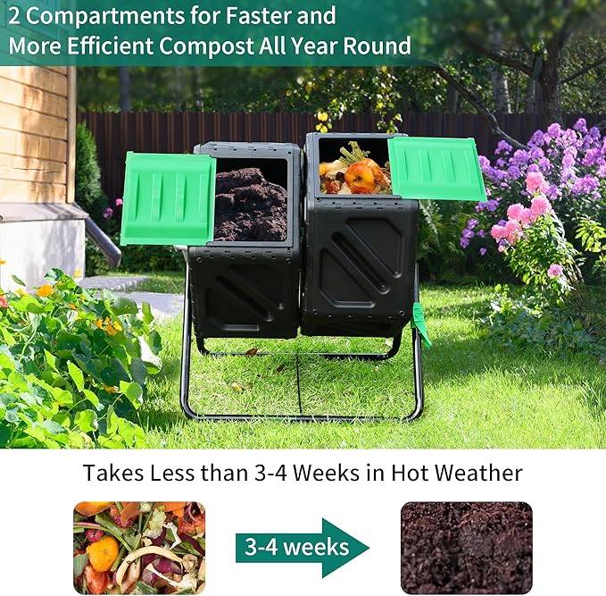 YITAHOME Large Outdoor Dual Chamber Compost Bin, 37 Gallon Rotating Composter Tumbling with 2 Sliding Doors and Aeration System, Garden Compost Tumbler (2x18.5 Gallon,Green)