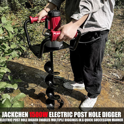 JACKCHEN 1500W Electric Post Hole Digger with Reverse, Double Handle Earth Auger with Storage Bag, 2×6"and 2×4" Auger Bit Earth Auger Drill, Ideal for Installing Fence Post, Drilling, Planting Trees