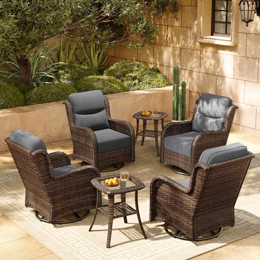 HILLGA Luxury Patio Furniture Set with 6-inch Thick Cushion, Outdoor High Back Swivel Rocker Patio Chairs, 6PCS Wicker Conversation Set for Deck Yard and Poolside, Dark Grey (V2)