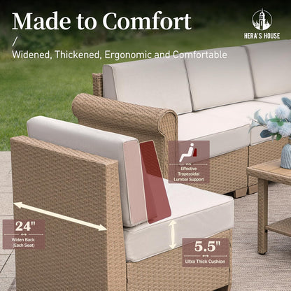 HERA'S HOUSE Patio Furniture Set, All Weather 7 Seats Outdoor Sectional Wicker Sofa with 44" Coffee Table, 5.5" Thick Waterproof Cushion 8 Piece Modular Conversation Sofa Set for Garden Deck Backyard