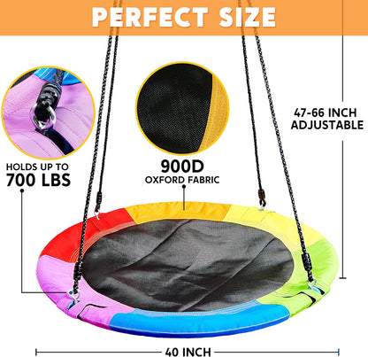 TURFEE 40" Saucer Tree Swing for Kids - 900Lb Weight Capacity, 900D Waterproof Oxford Fabric Platform Swing Seat with Adjustable Ropes for Kids Playground Outdoor Activity Backyard Fun (Rainbow)