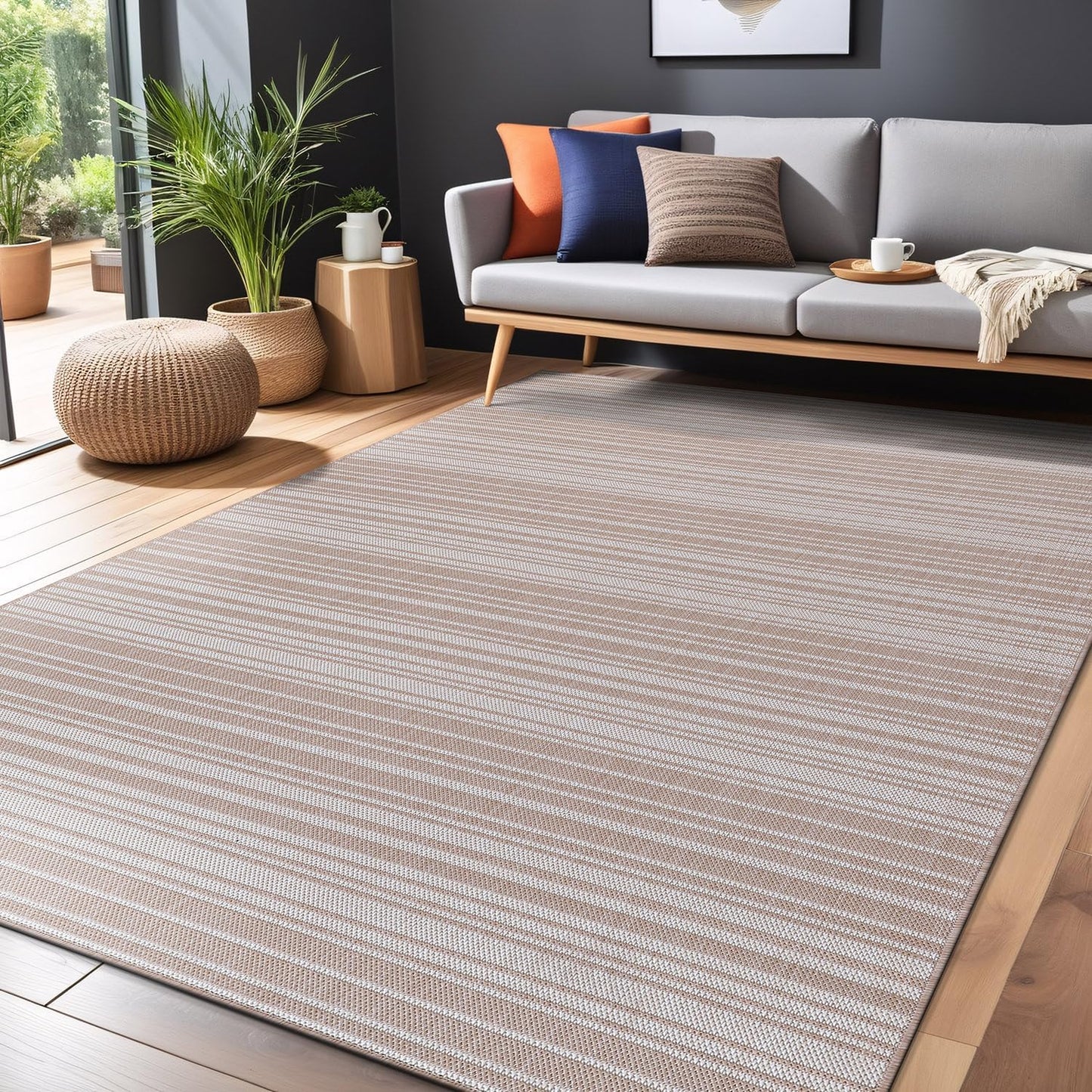 Stripe Outdoor Rug 6x9 Washable Outside Carpet for Indoor Patio Porch Waterproof Easy Cleaning Non Shedding Area Rugs Beige 6 x 9