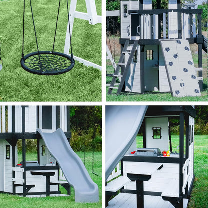 Backyard Discovery Canyon Creek White Cedar Wood Swing Set with Wave Slide, Clubhouse, Play Kitchen, Picnic Area, Belt Swings, Web Swing, Rock Wall, Balconies, Playhouse, Step Ladder, Outdoor Playset