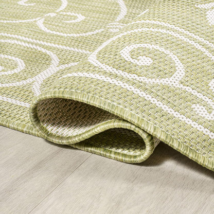 JONATHAN Y SMB106H-28 Charleston Vintage Filigree Textured Weave Indoor Outdoor Runner Rug, Coastal,Traditional,Transitional Easy Clean,Bedroom,Kitchen,Backyard,Patio, Non-Shed, Green/Cream, 2 X 8