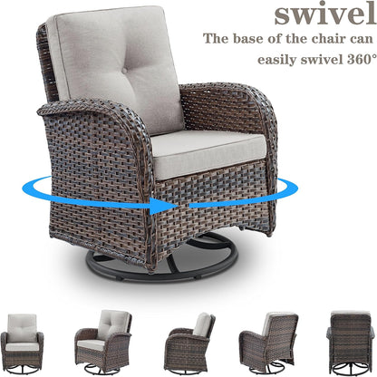 Small Conversation Sets Patio Funiture - 5 Piece Outdoor Swivel Rocker Wicker Furniture Sets with Ottomans Side Table Perfect for Patio Deck Backyard, Brown Wicker Beige Cushion