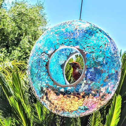 Fly Through Wild Bird Feeder Garden Hanging Bird Feeder Mosaic Circle Squirrel Proof for Outdoor Decoration,Blue