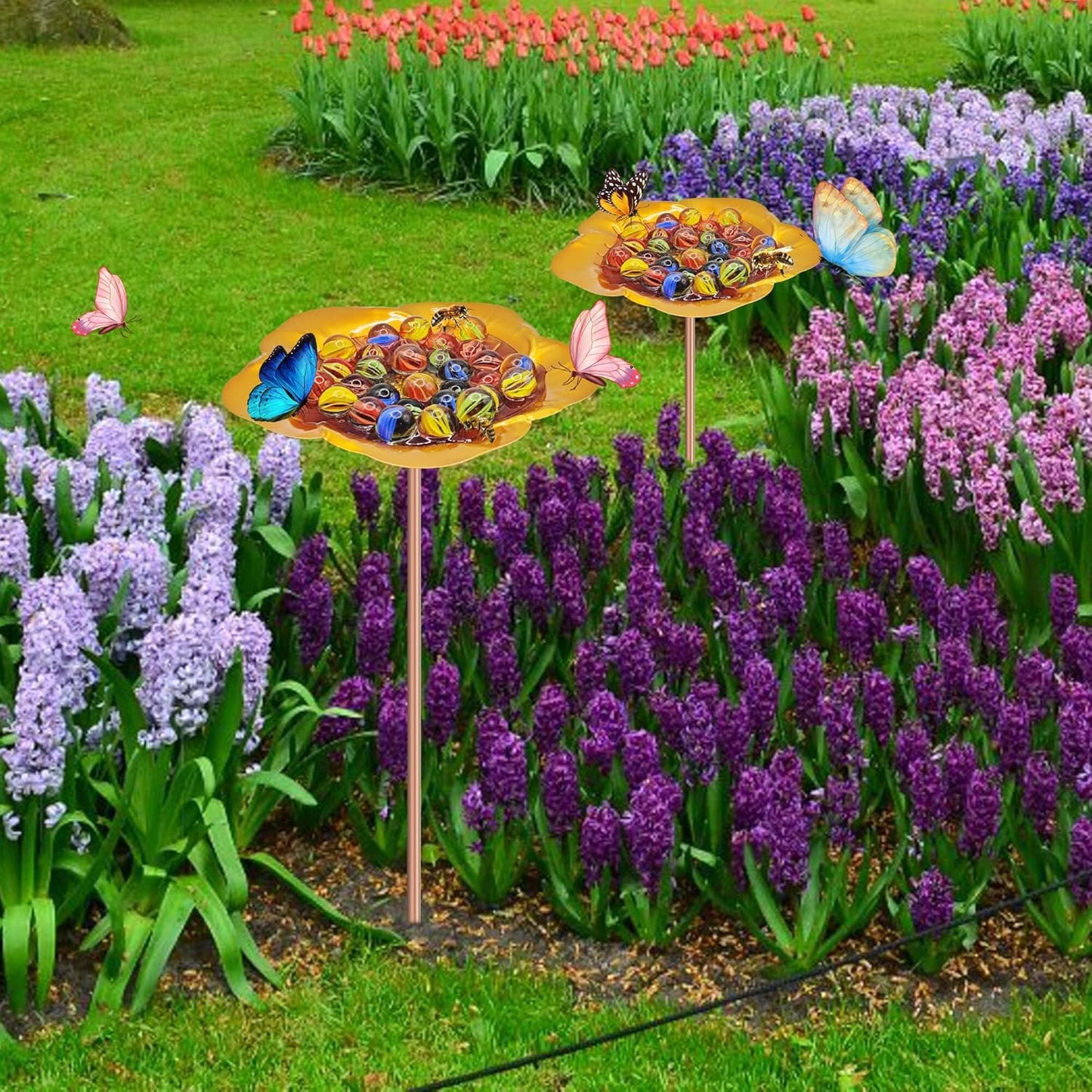 Bee Watering Station-Golden Butterfly Puddler Bee Bath & Feeder with Metal Stakes - 30 Glass Marbles, Vivid Flower Design, Garden Yard Decor (Golden-1PACK)