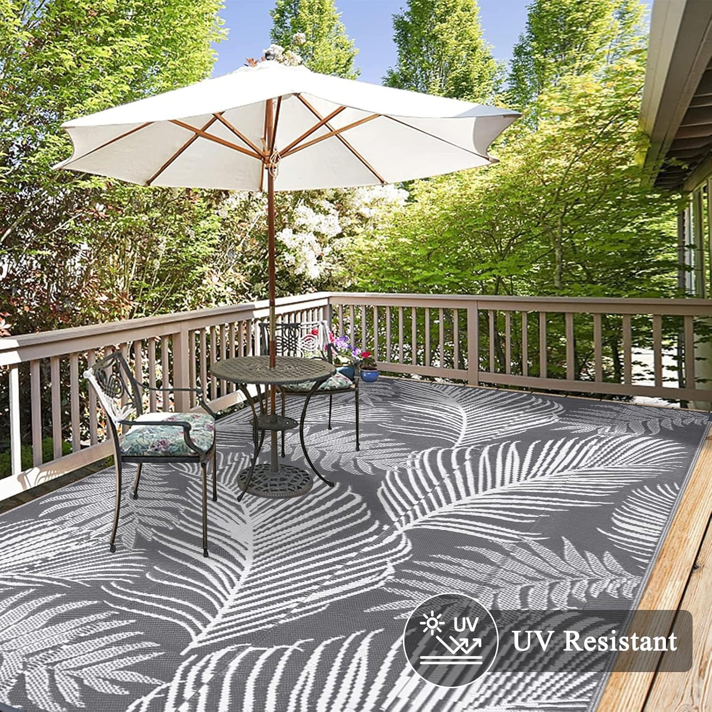 Pauwer Waterproof Outdoor Rug 9x12, Reversible Plastic Straw Patio Camping Rug, Indoor Outdoor RV Mat Carpet for Deck, Camper, Porch, Balcony, Backyard, Picnic, Leaf Grey