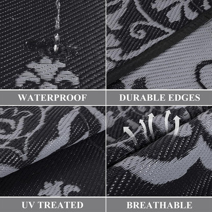 Pauwer Waterproof Outdoor Rug 6x9, Reversible Plastic Straw Patio Camping Rug, Indoor Outdoor RV Mat Carpet for Deck, Camper, Porch, Balcony, Backyard, Picnic, Boho Black Grey