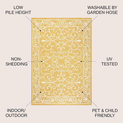 JONATHAN Y SMB106L-9 Charleston Vintage Filigree Textured Weave Indoor Outdoor Area Rug, Classic Traditional Easy-Cleaning,Bedroom,Kitchen,Backyard,Patio,Non Shedding, 9 X 12, Yellow/Cream