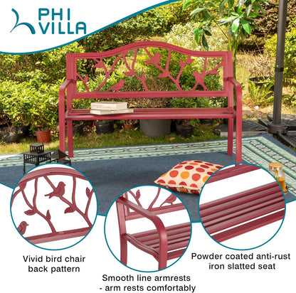 PHI VILLA Outdoor Patio 50" Metal Park Bench Red, Steel Frame Bench with Backrest and Armrests for Porch, Patio, Garden, Lawn, Balcony, Red Bird