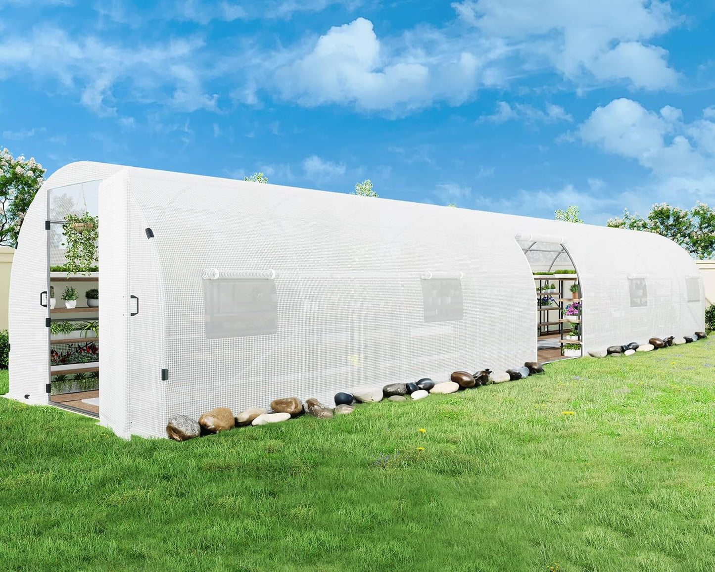 AMERLIFE 44x10x7.5 FT Tunnel Greenhouse for Outdoors, Large Walk-in Greenhouse kit with Galvanized Steel Frame, Swing Door & Premium PE Cover, White