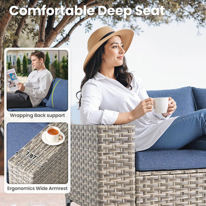 ovios 9 Pieces Patio Furniture Set Outdoor Sectional Sofa Couch with Fire Pit Table Rocking Swivel Chairs Deep Seat Chaise, Modern Modular Wicker Rattan Conversation Set, Denim Blue