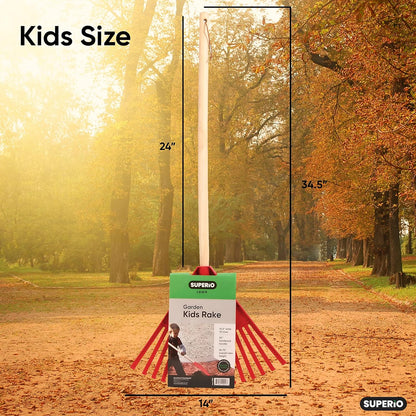 Superio Kids Rake with Hardwood Handle, Durable Plastic Head to Sweep Leaves in Lawn and Tidying Up The Garden, 34"
