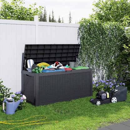 DRATO 100 Gallon Large Deck Box, Outdoor Storage Box for Patio Furniture, Patio Cushions, Gardening Tools, Pool Supplies,660lbs Weight Capacity,Waterproof Resin Storage Boxes
