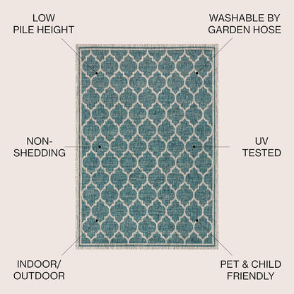 Eyely BMS109E-4SQ Santa Monica Trebol Moroccan Trellis Textured Weave, Pet Friendly, Non-Shedding, Stain Resistant, Easy-Cleaning, Teal/Gray, 4' Square, Indoor/Outdoor, Area Rug