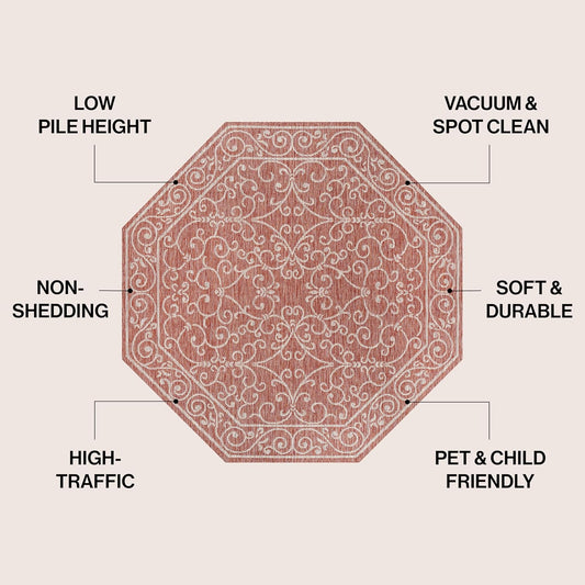 JONATHAN Y SMB106B-8TGN Charleston Vintage Filigree Textured Weave Red/Beige 8' Octagon Indoor/Outdoor Area Rug, Non-Shedding, Stain Resistant,Fade Resistant, Easy-Cleaning for Backyard Patio, Porch